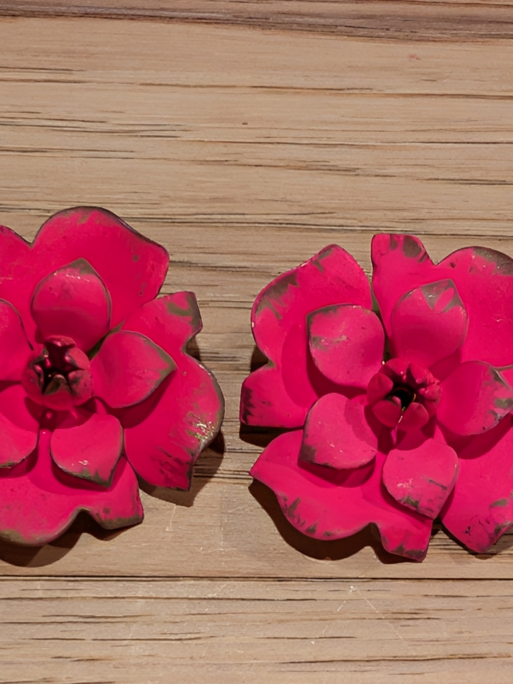 Bright Pink Floral Metal Earrings With Clip On Backs
